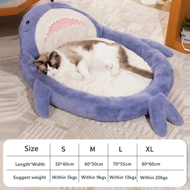 Blue shark pattern velvet pet bed cushion with non-slip bottom for small to medium dogs