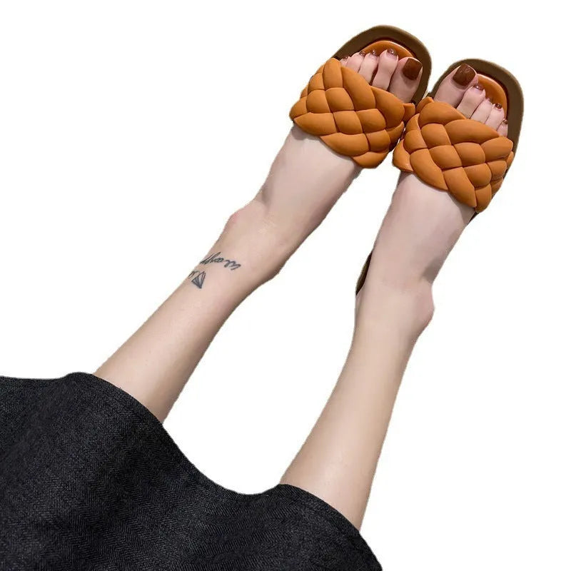 Women's plaid pattern sandals with thick PVC anti-skid sole in white, shown from the side.