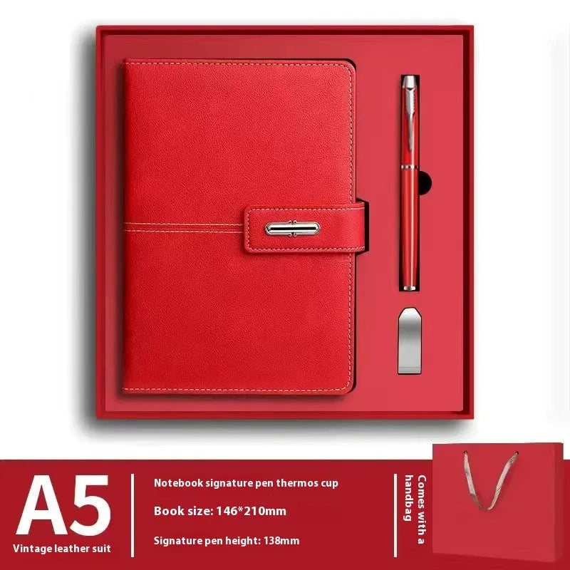 A5 notebook with PU leather cover in one of six colour options, showing wood-free paper inside.
