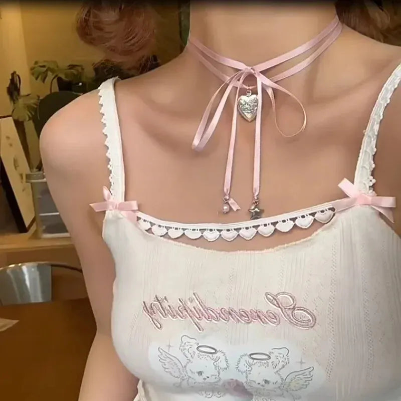 Women's alloy ribbon love pendant necklace on a 40 cm clavicle chain