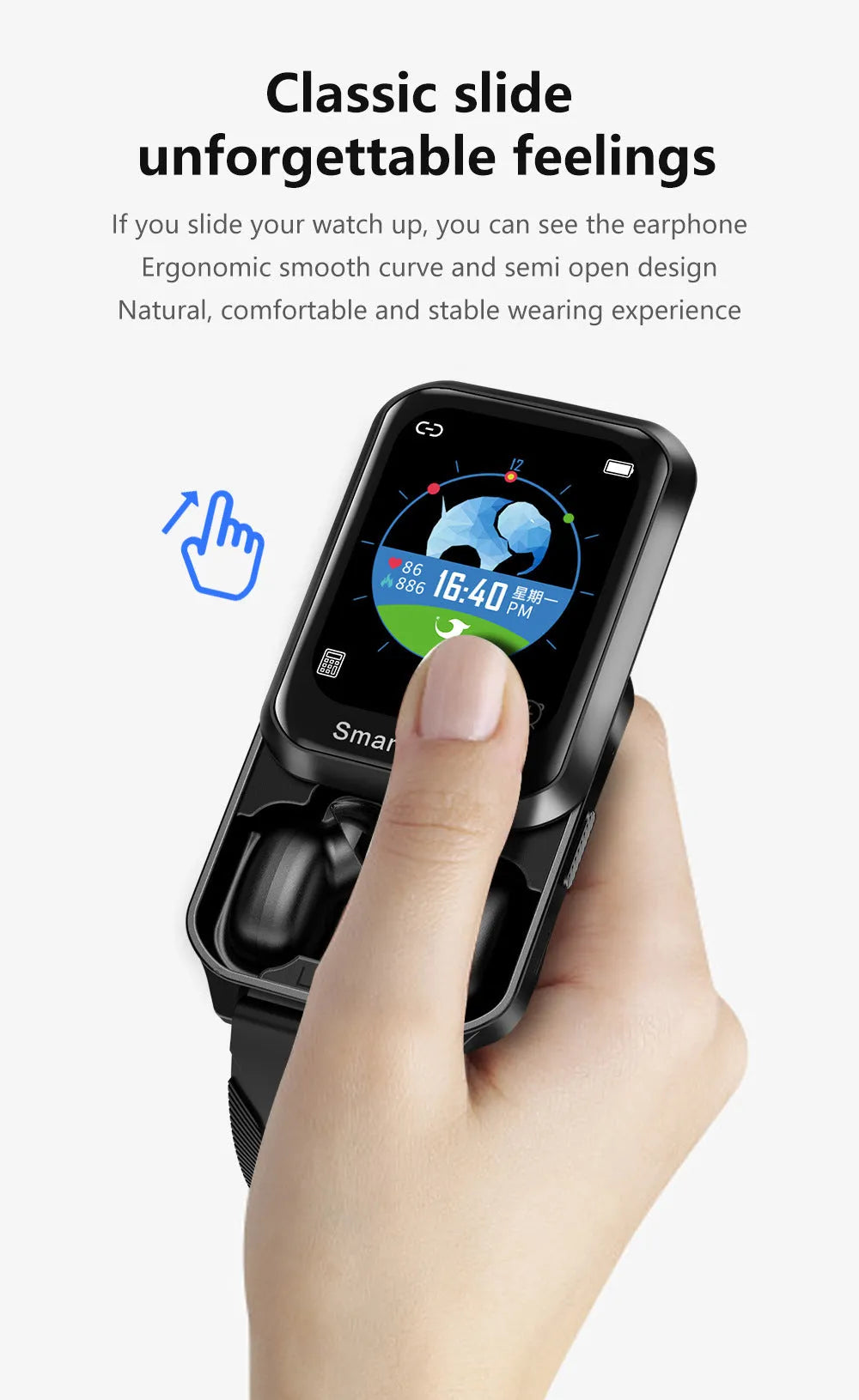 Black Bluetooth smart bracelet with a colour split screen display on a silicone wrist strap.