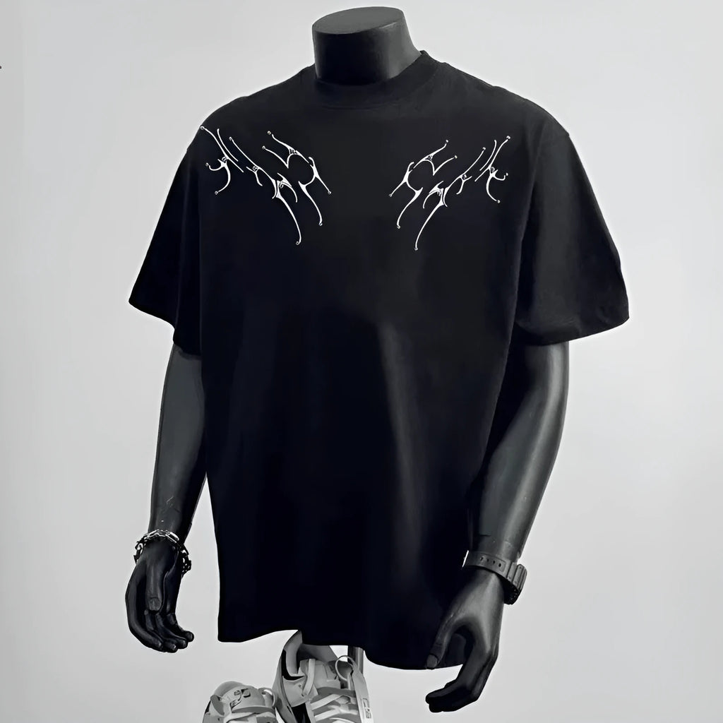 Men's black and white loose fit pure cotton short sleeve t-shirt with printing details