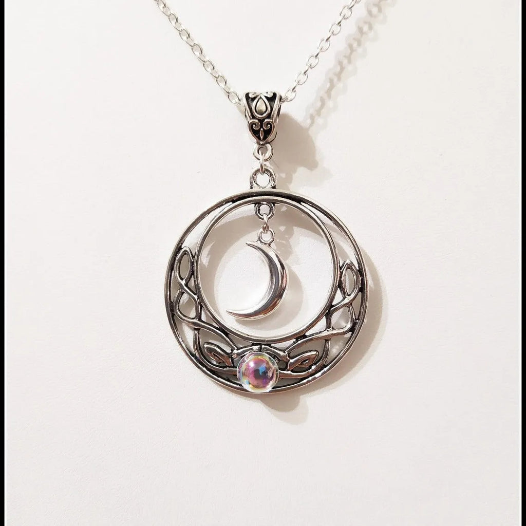 Celtic crescent crystal necklace for women with alloy cross chain and glass moon pendant in colour AQ-3073