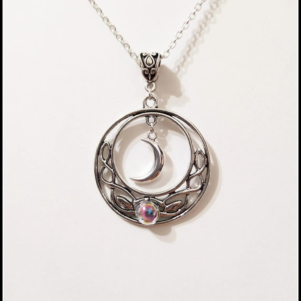 Celtic crescent crystal necklace for women with alloy cross chain and glass moon pendant in colour AQ-3073