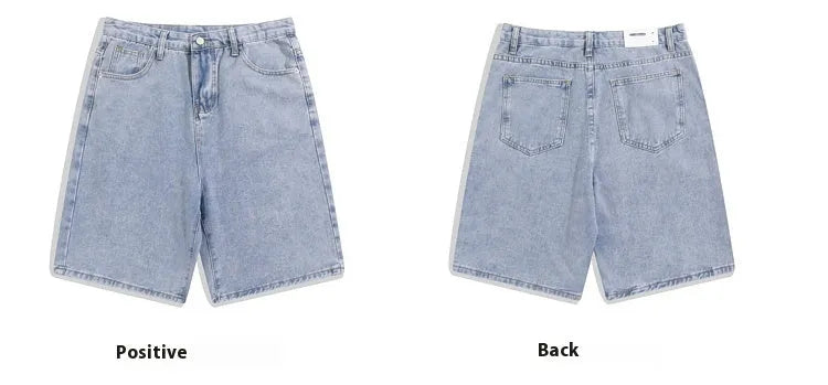 Men's light blue denim shorts with a straight leg and five-pocket design on a mid-waist fit.