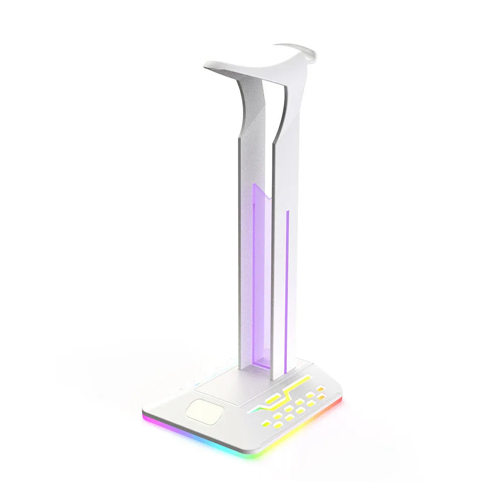 RGB headphone bracket with colour-changing LED lights and dual USB ports displaying headphones