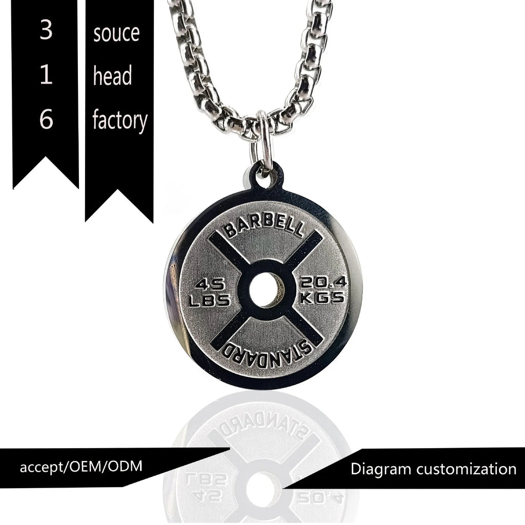 Polished stainless steel barbell disk pendant necklace available in black, gold, and pearl chain styles for fitness fashion