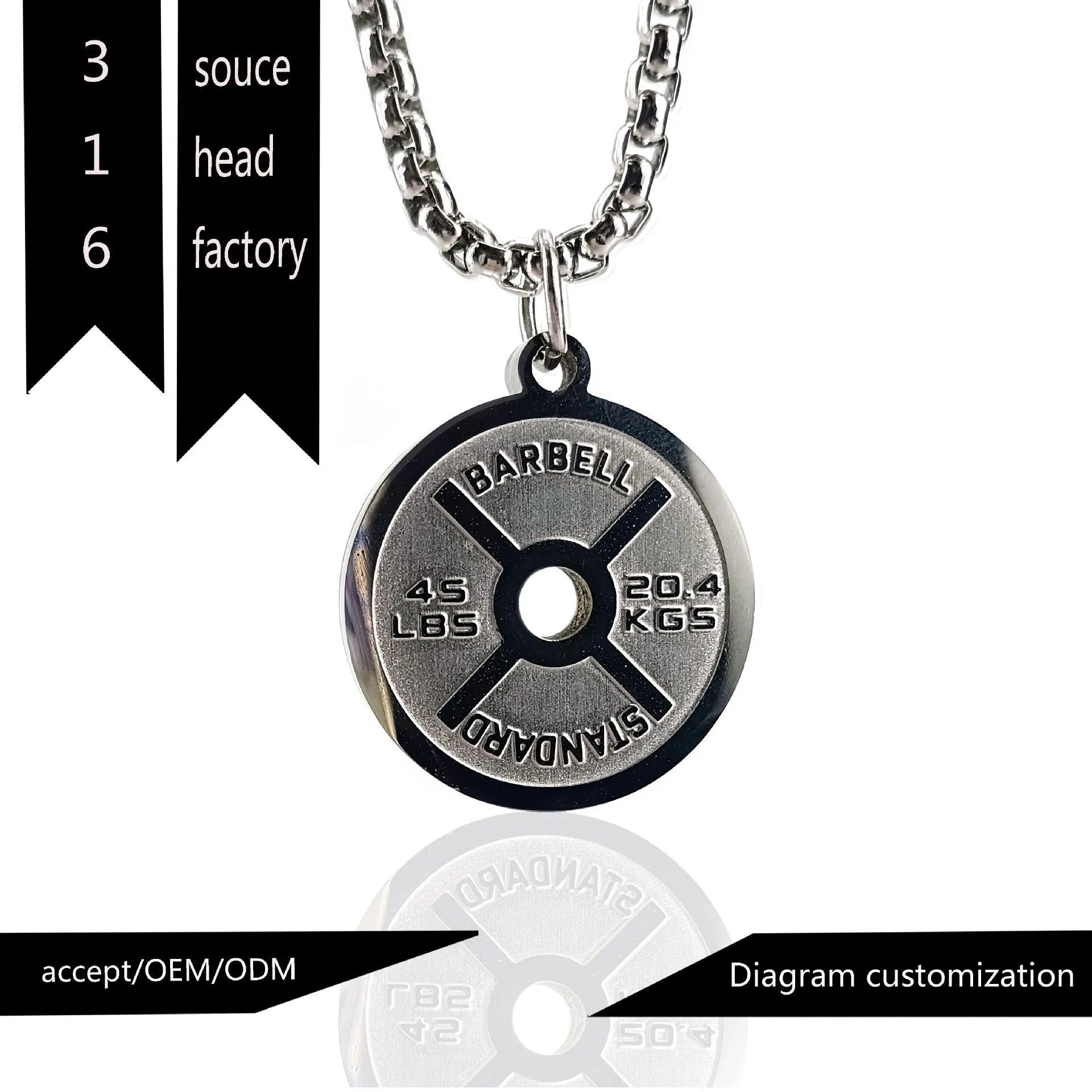 Polished stainless steel barbell disk pendant necklace available in black, gold, and pearl chain styles for fitness fashion