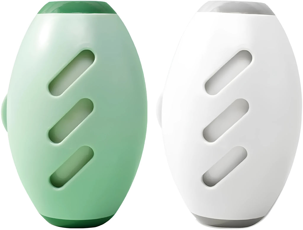 Green washable reusable gel lint roller ball for pet hair removal on a blue sweater.