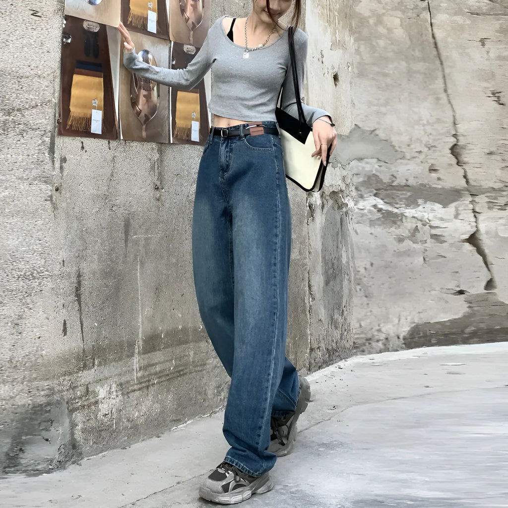 Women's retro blue high waist straight leg jeans in cotton denim showing three length variations