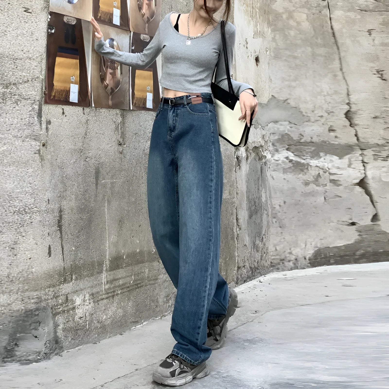 Women's retro blue high waist straight leg jeans in cotton denim showing three length variations