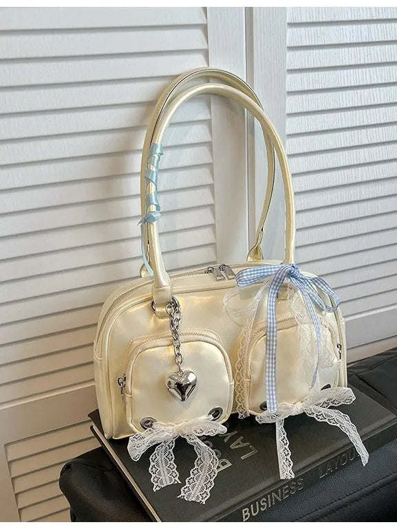 Soft PU horizontal shoulder bag in beige with double straps and interior phone pocket