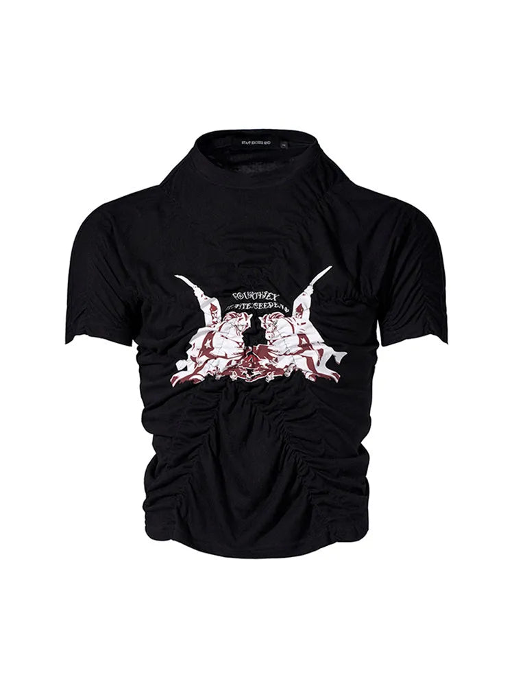 Black printed men's slim fit summer t-shirt with short sleeves and round neck collar
