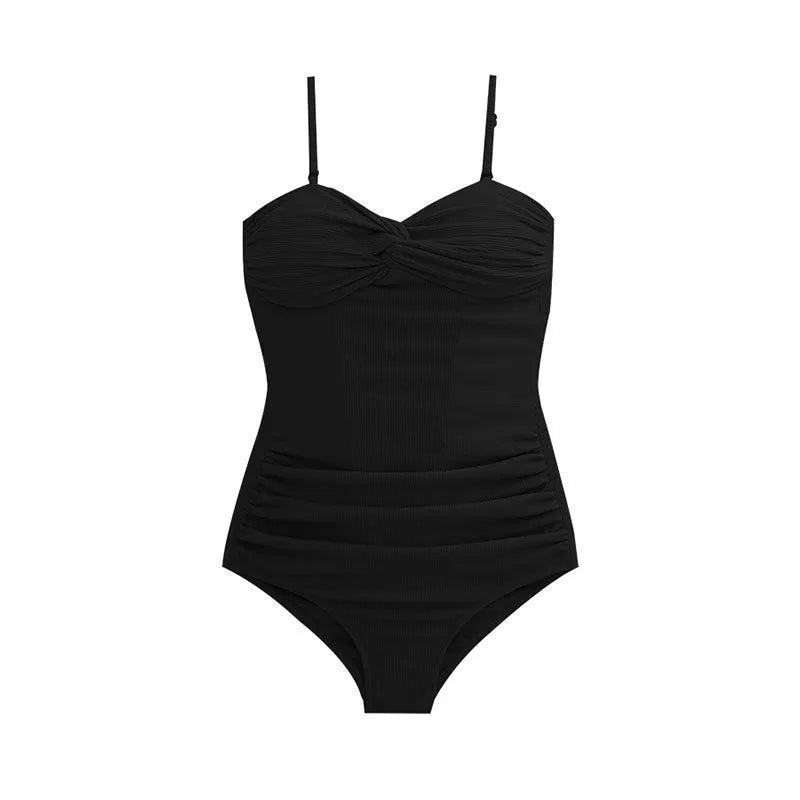 Women's black suspender-style one-piece swimsuit with push-up design and high-waist slimming fit