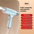Blue handheld garment steamer with water tank and power cord for portable clothes wrinkle removal
