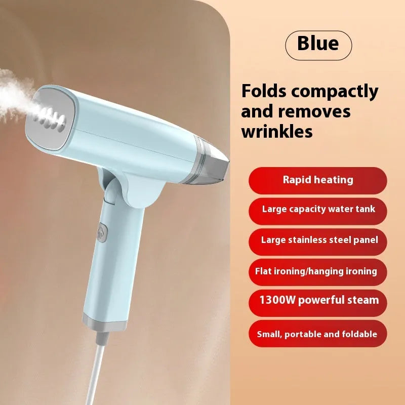 Blue handheld garment steamer with water tank and power cord for portable clothes wrinkle removal