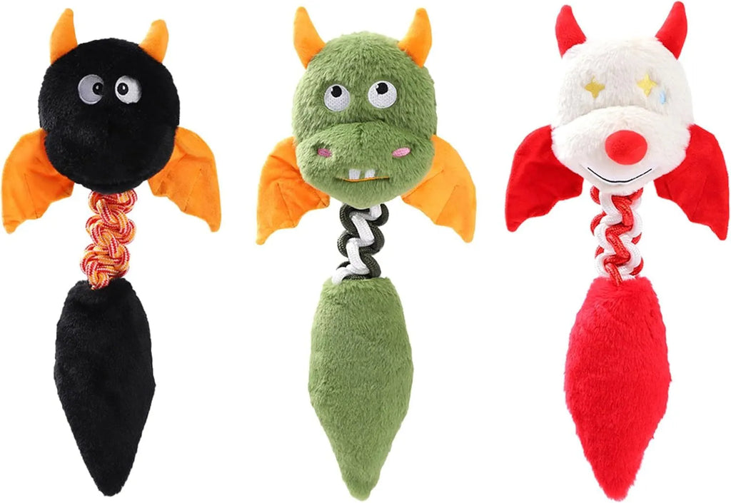 Large green plush dog toy with rope knot and cartoon design on a white background.