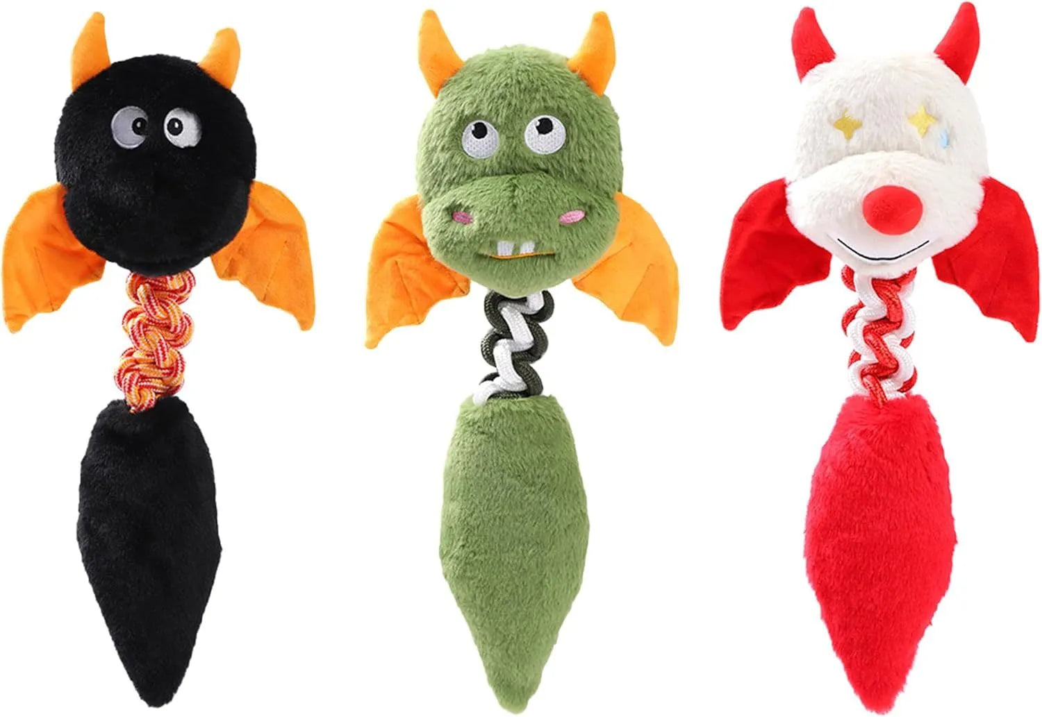 Large green plush dog toy with rope knot and cartoon design on a white background.