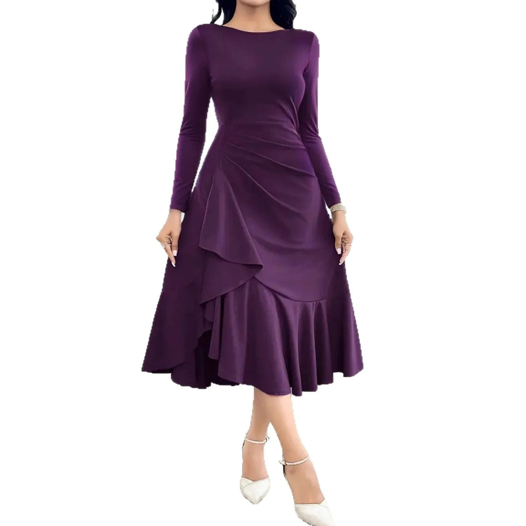 Purple women's long sleeve dress with ruffles and mid waist design on hanger