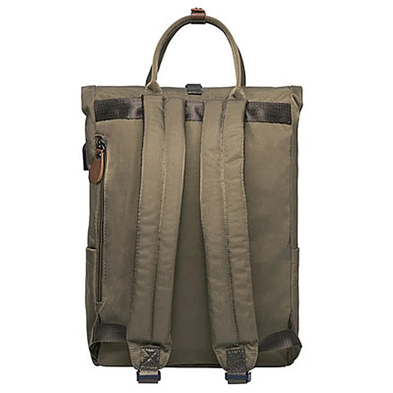 Polyester casual backpack in black, showing cover flap opening and breathable back panel.