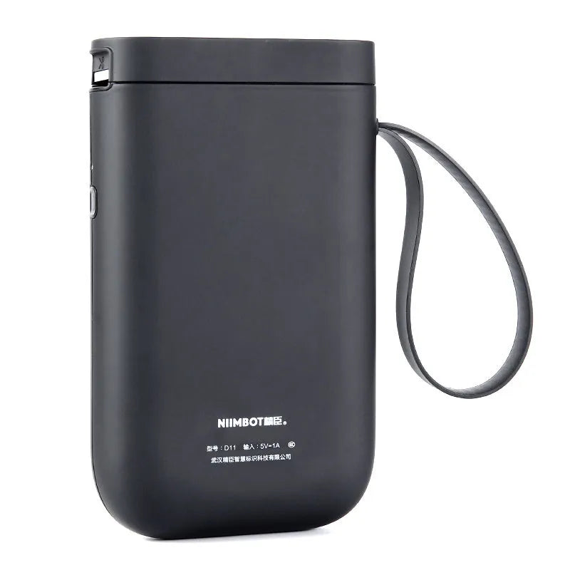 D11 Bluetooth thermal label printer in chosen colour next to smartphone showing label design app.