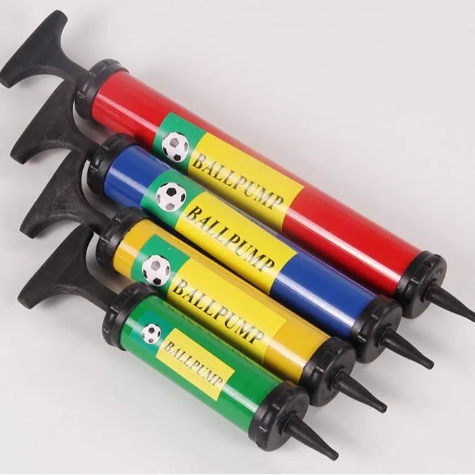 Plastic manual hand pump with four nozzles for sports balls and balloons.
