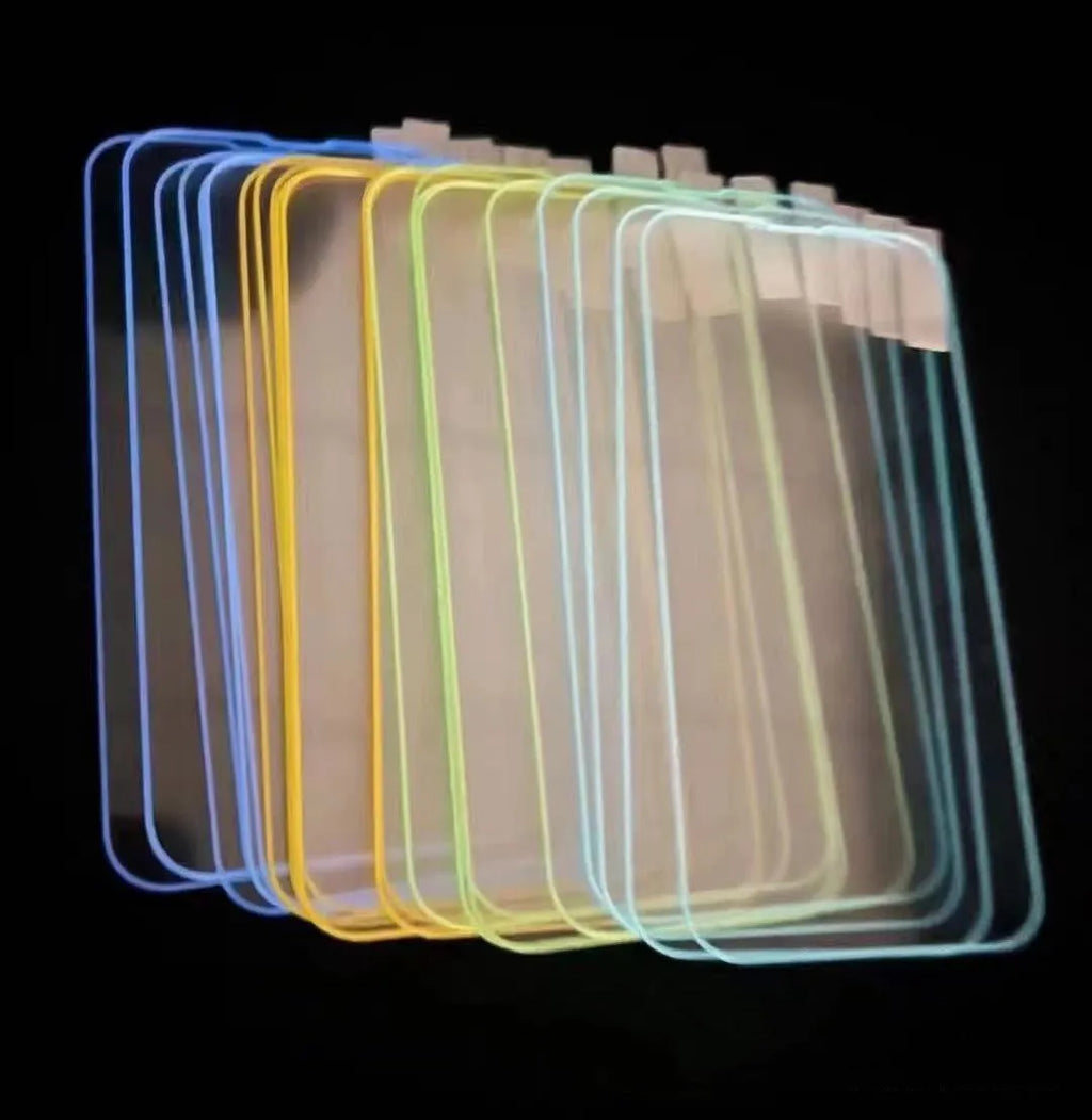 Fluorescent tempered glass iPhone screen protector in luminous colours showing full screen coverage