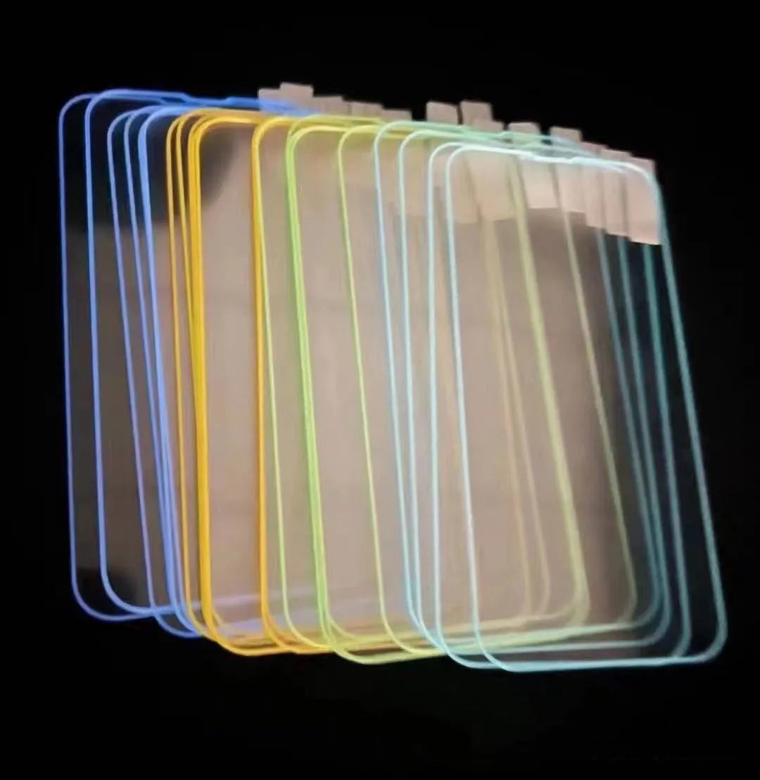 Fluorescent tempered glass iPhone screen protector in luminous colours showing full screen coverage