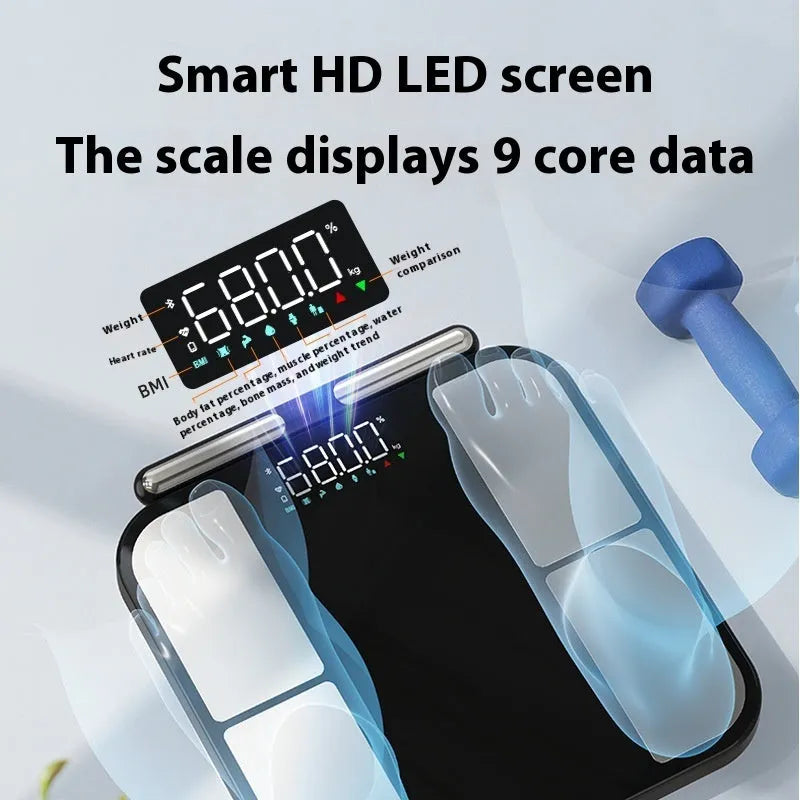 Black electronic household scale with colour display on tempered glass platform for weight and body fat measurement