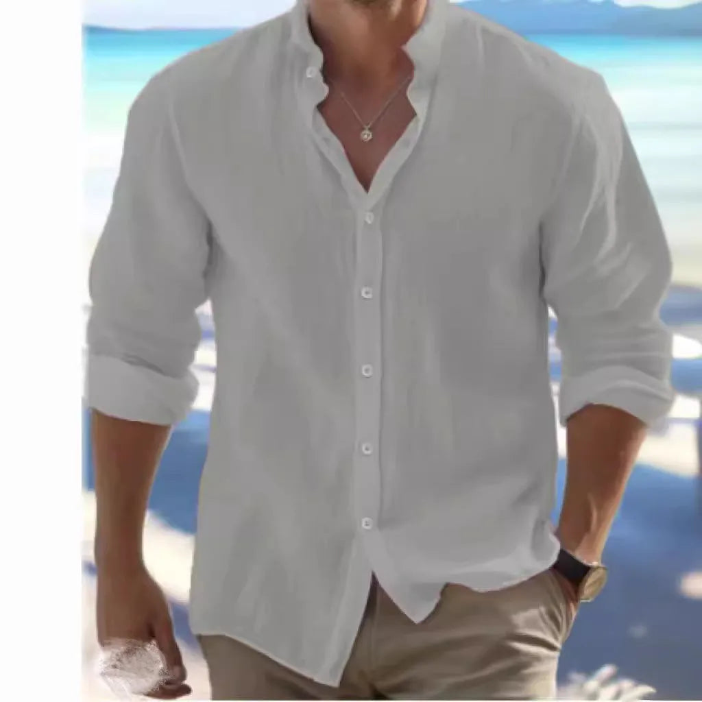 Men's long-staple cotton button summer beach shirt on a hanger, showing casual collar and front.