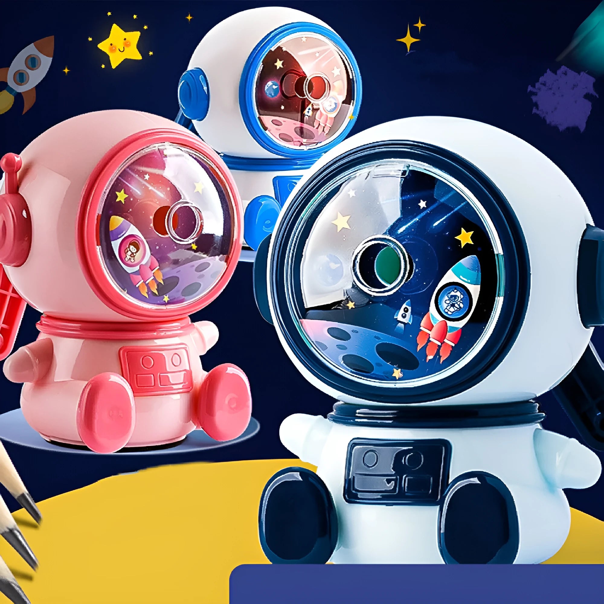 Children's cartoon astronaut manual pencil sharpener in blue or pink with anti-jam mechanism