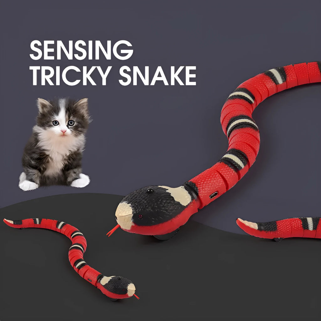 Smart sensing USB rechargeable electronic snake cat toy with realistic cobra design on a floor