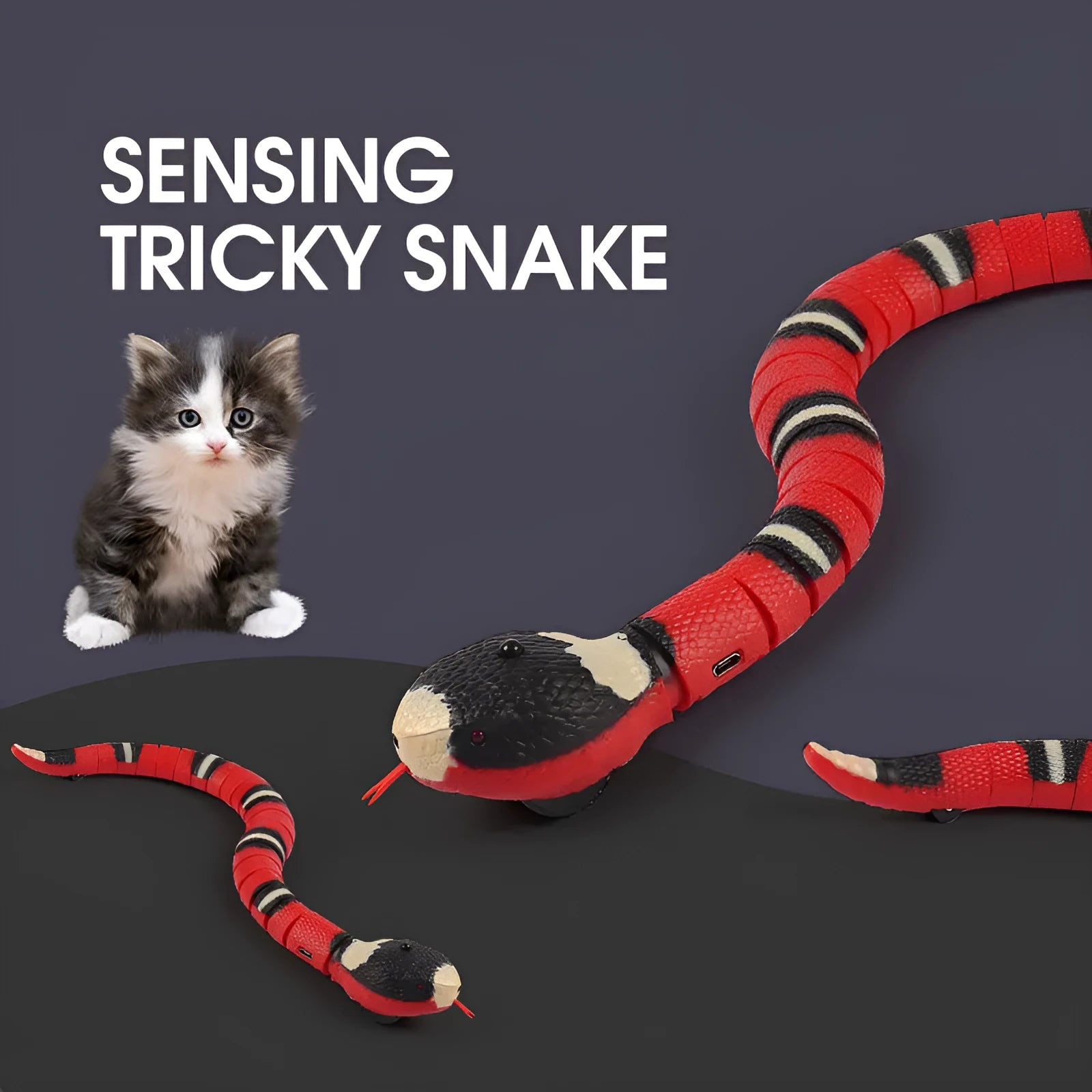 Smart sensing USB rechargeable electronic snake cat toy with realistic cobra design on a floor