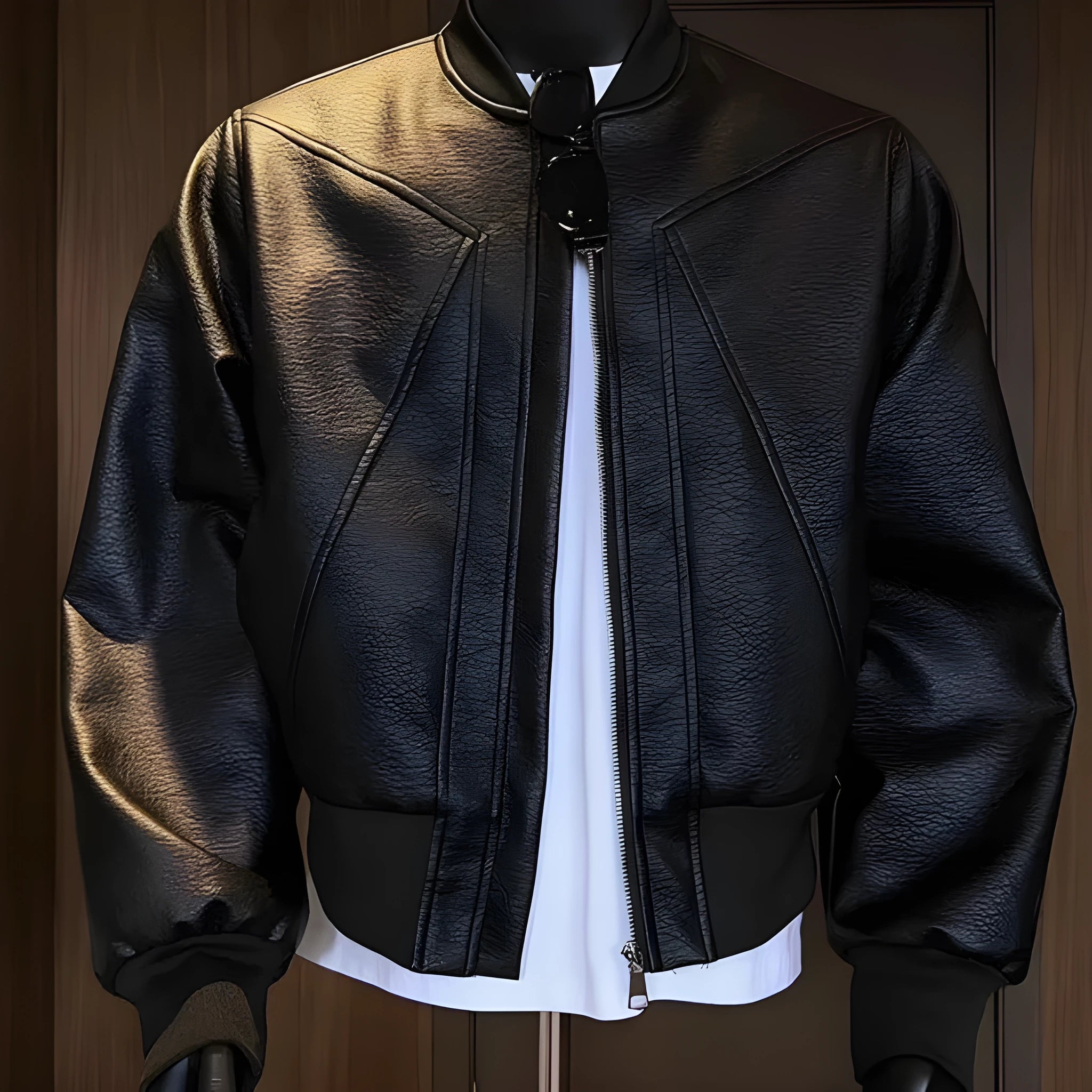 Man wearing a black PU egg white leather jacket with an extended length and tight light business fit.