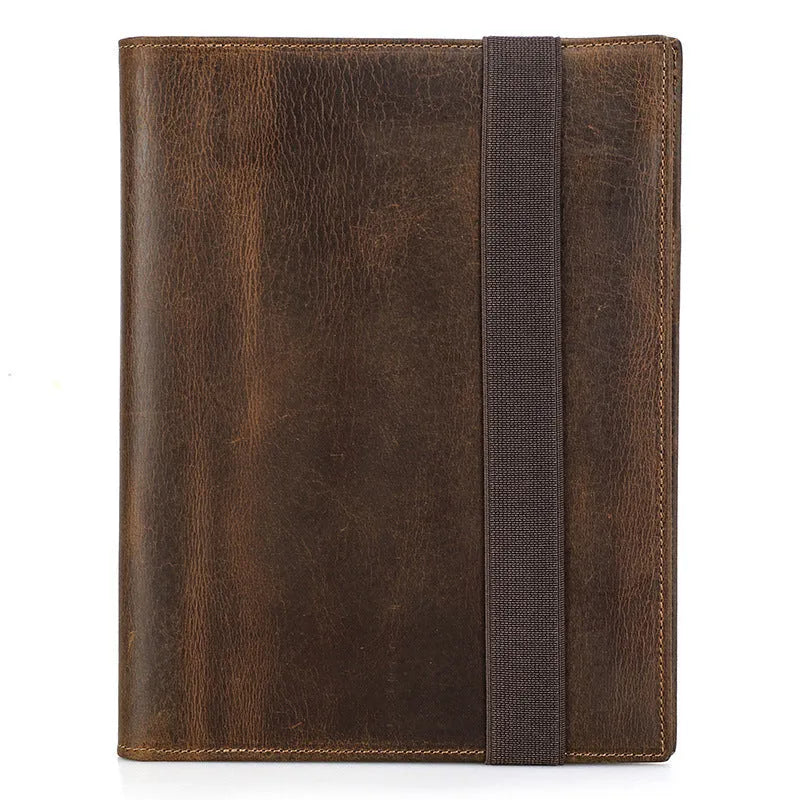 Brown Crazy Horse leather A5 notebook protective sleeve with square socket design.