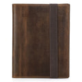 Brown Crazy Horse leather A5 notebook protective sleeve with square socket design.