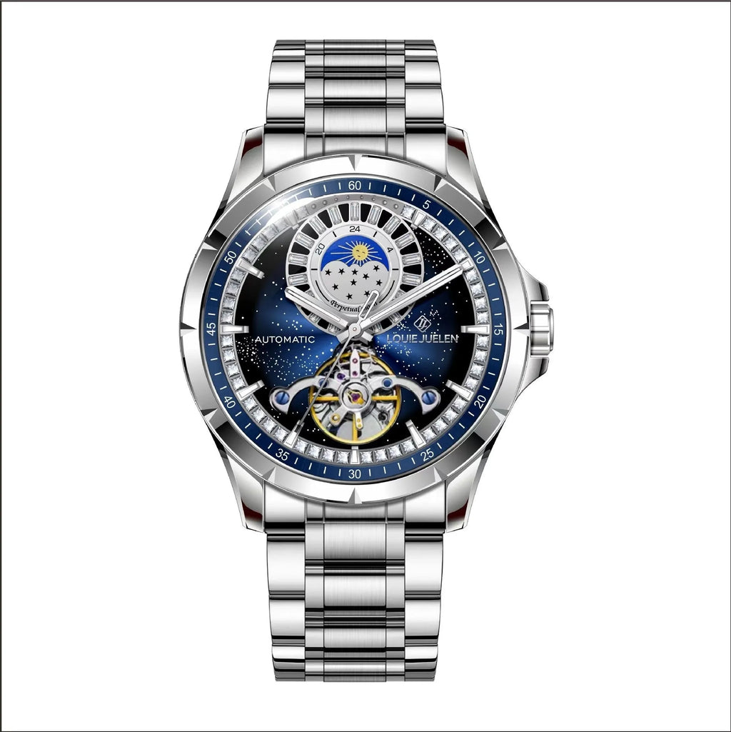 Men's silver automatic waterproof watch with blue dial and stainless steel strap