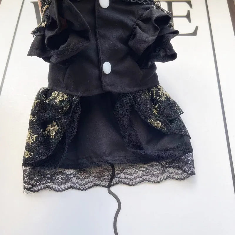 Golden gothic princess style polyester skirt costume for cats and dogs showing size range from XS to XL