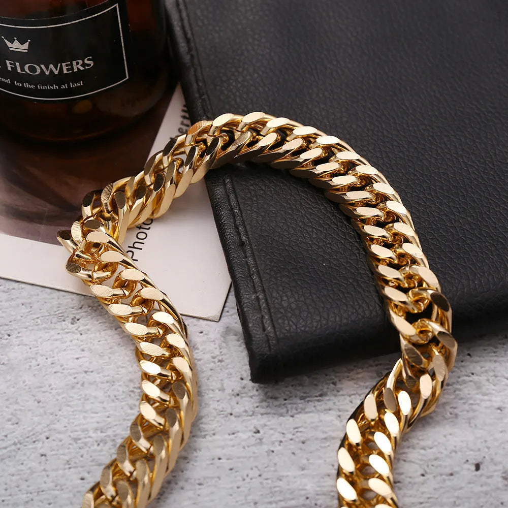 Women's thick gold chain necklace showing 32cm length with electroplated finish and simple solid colour design
