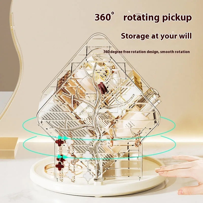 Rotating cosmetics storage box in amber gold colour showing 360-degree rotation mechanism