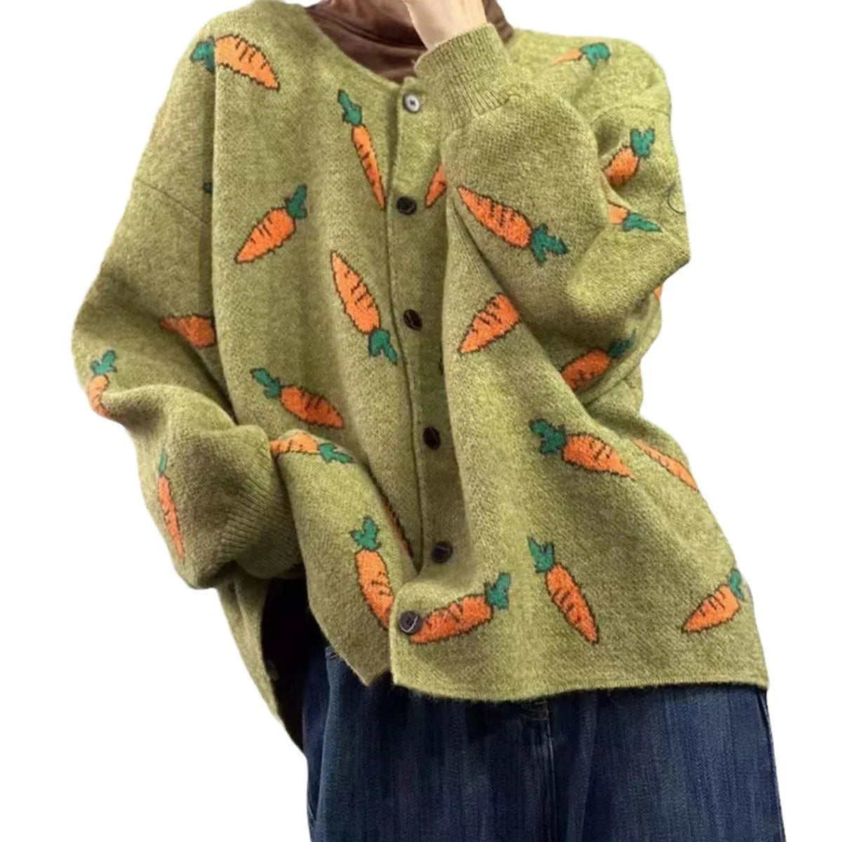 Round neck Mori artistic printing cardigan sweater in viscose fibre with colour contrast design