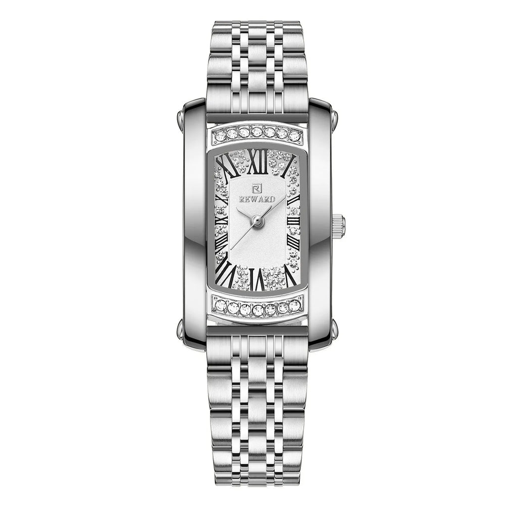 Women's square quartz wrist watch with white dial and gold metallic case