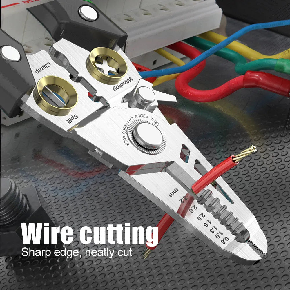 Stainless steel 7-in-1 wire stripper tool with two-colour ABS handle for optical fibre and electrical wires.