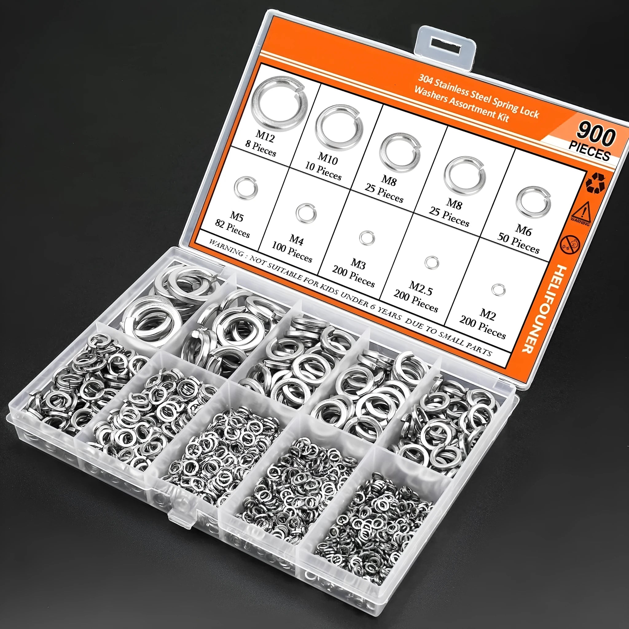 304 stainless steel spring lock washer assortment kit with sizes from M2 to M12 in organised combination box