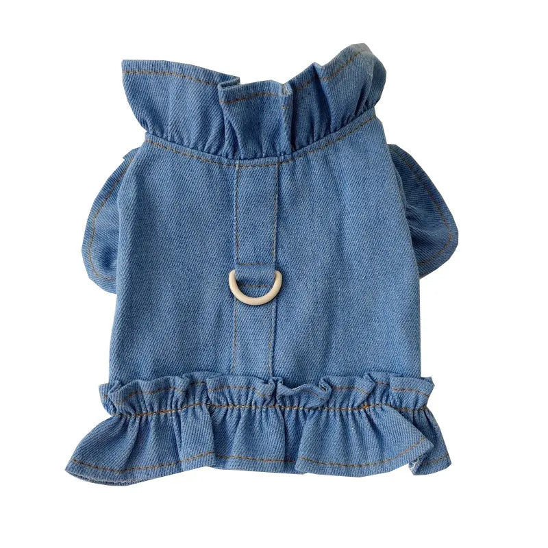 Blue denim pet dress with ruffles vest styling and back leash hook for dogs and cats