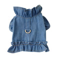 Blue denim pet dress with ruffles vest styling and back leash hook for dogs and cats
