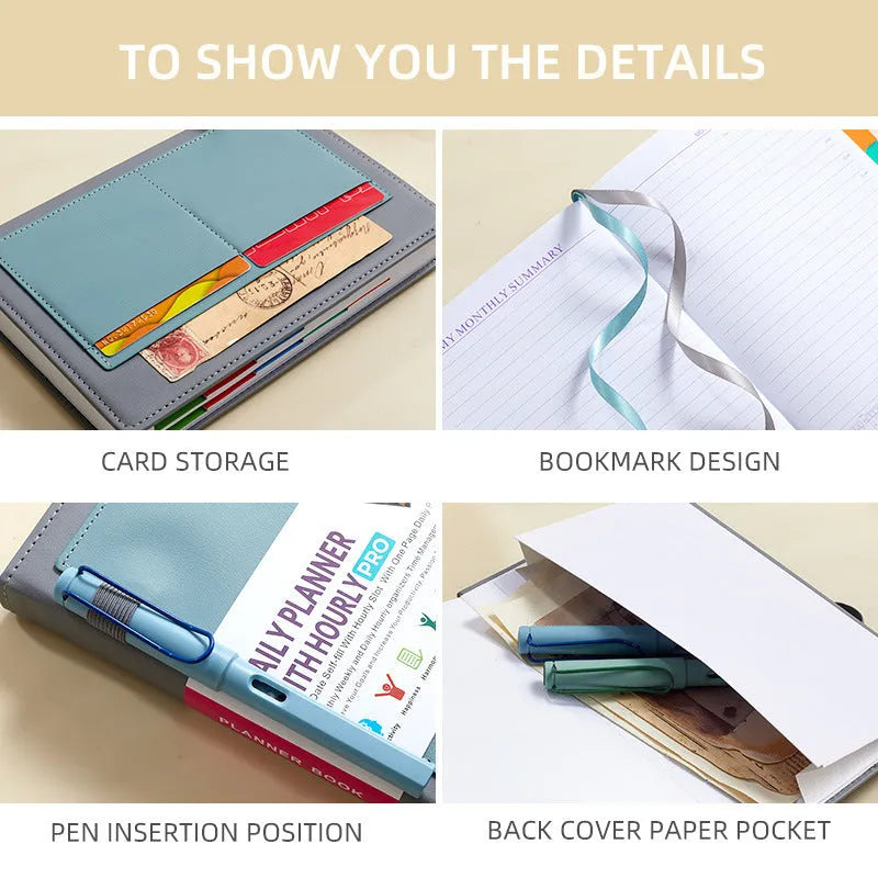 A6 self-filled notebook with PU cover in various colours, shown open on wooden table.
