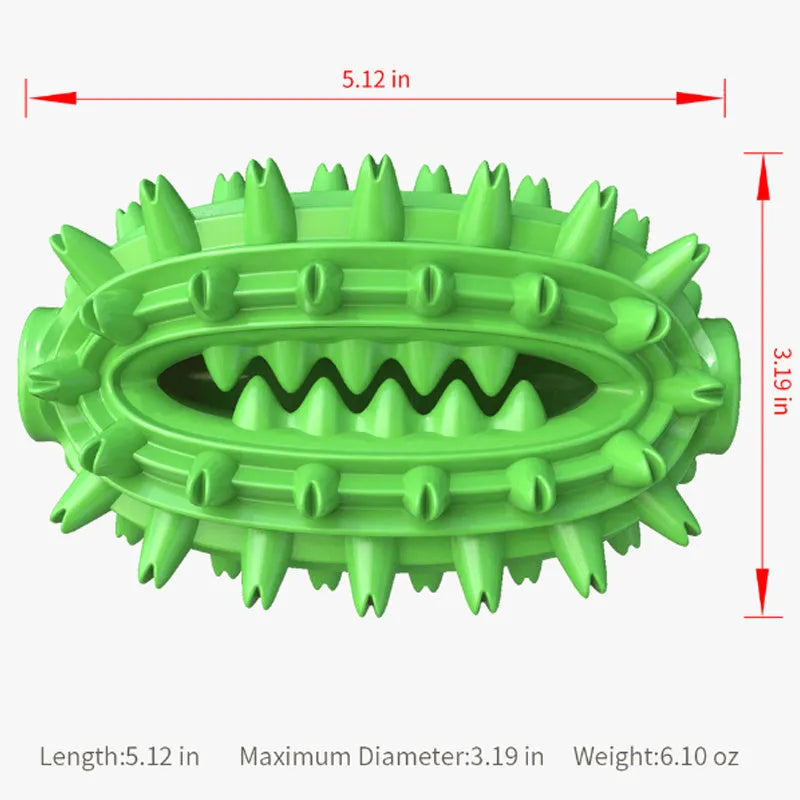 Green cactus-shaped rubber dog chew toy for dental cleaning, shown with dimensions.