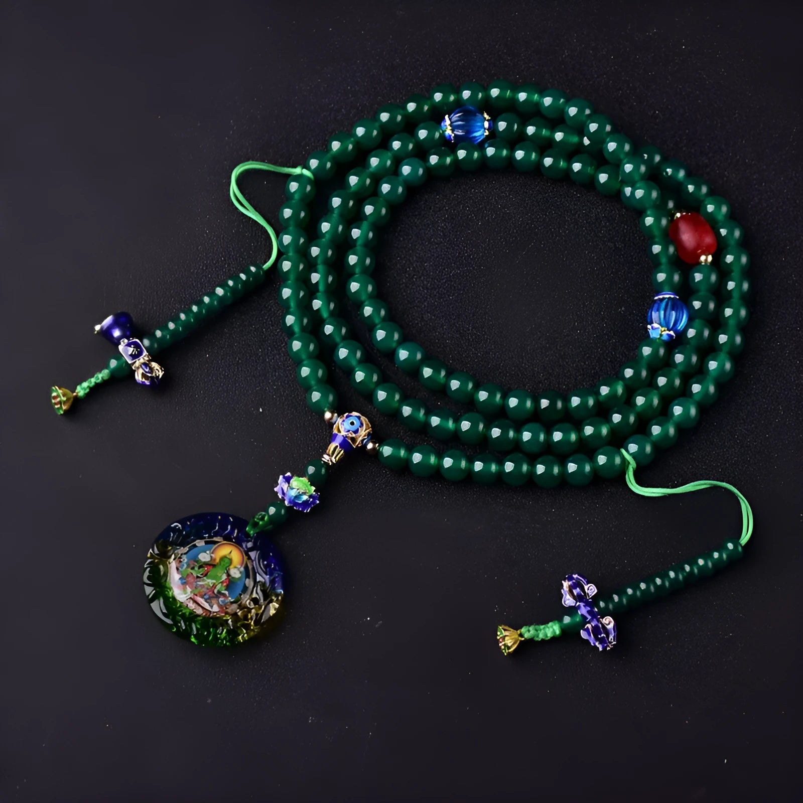 Natural green agate 108 bead multi-circle bracelet with Thangka design and certificate