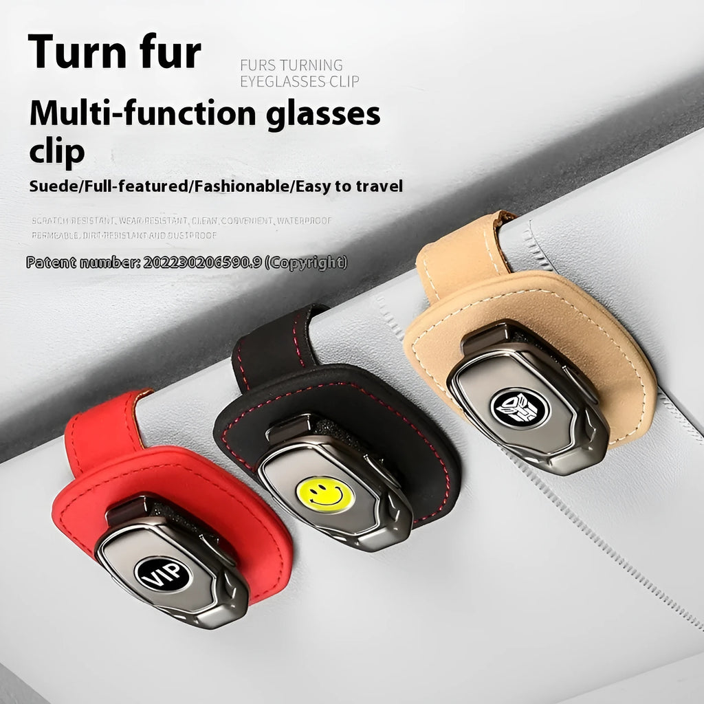 Suede multifunctional glasses clip on car sun louver, beige colour, holding sunglasses, compact 9.5 x 5.3 cm size